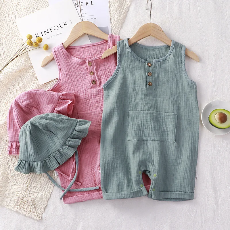 Baby Summer Linen Sleeveless Jumpsuit - 2 pçs/set roupas de verão do